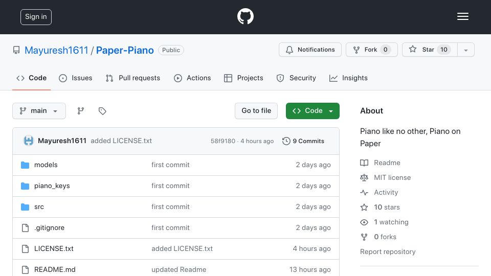 Screenshot of github.com: Piano on Paper