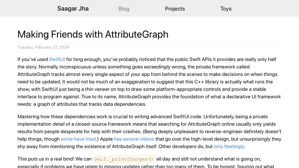 Screenshot of saagarjha.com: Making Friends with AttributeGraph
