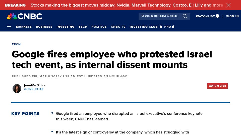 Screenshot of cnbc.com: Google fires employee who protested Israel tech event as internal dissent mounts