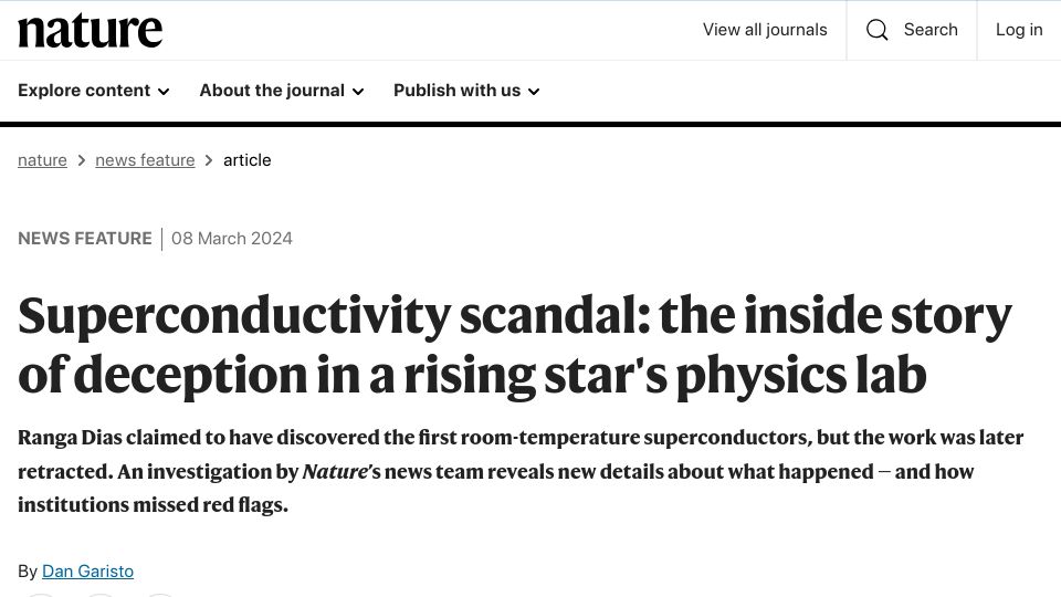 Screenshot of nature.com: Superconductivity scandal: the story of deception in a physics lab