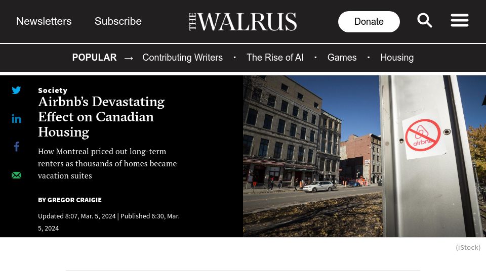 Screenshot of thewalrus.ca: Airbnb's Devastating Effect on Canadian Housing