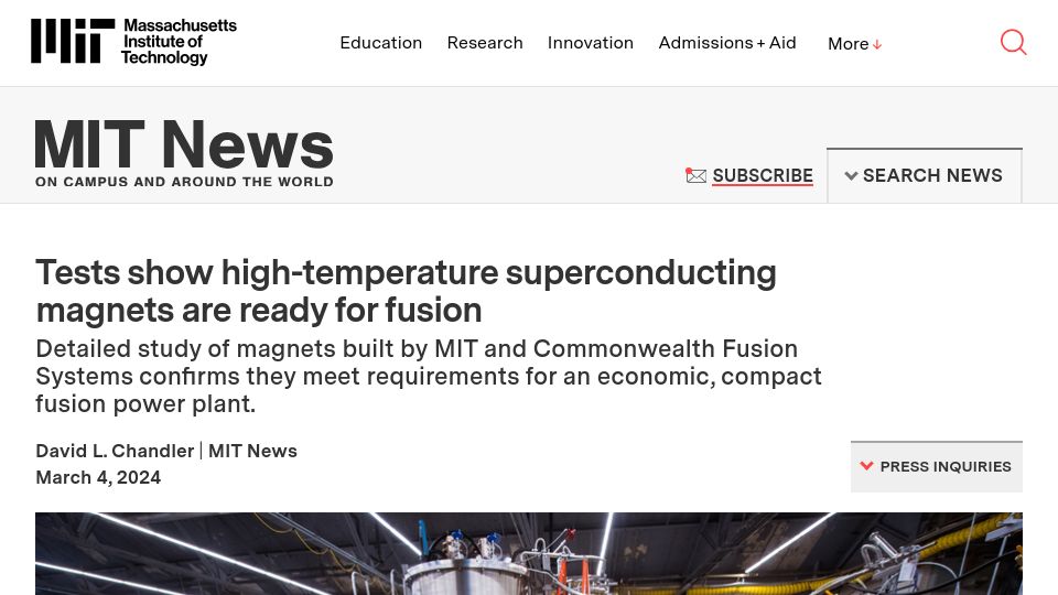 Screenshot of news.mit.edu: Tests show high-temperature superconducting magnets are ready for fusion