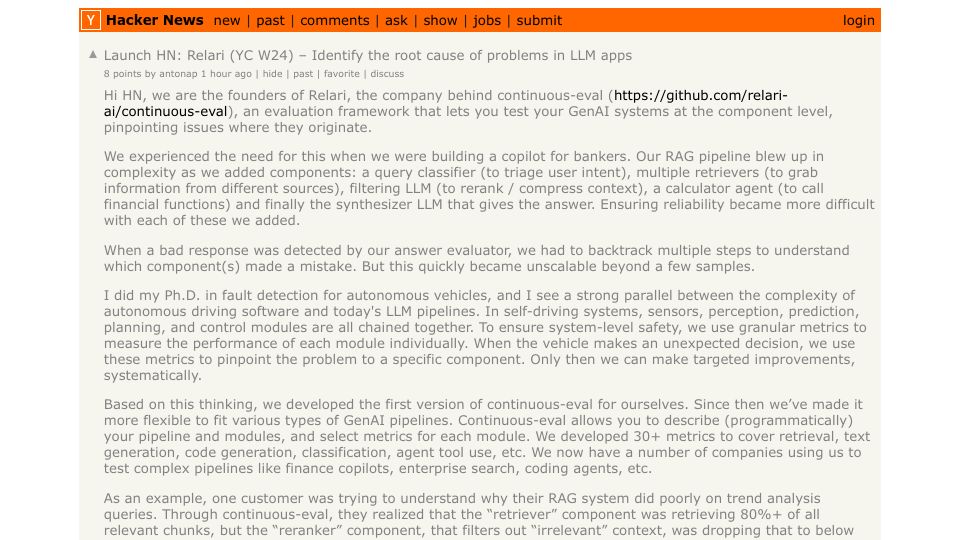 Screenshot of Hacker News post: Launch HN: Relari (YC W24) – Identify the root cause of problems in LLM apps
