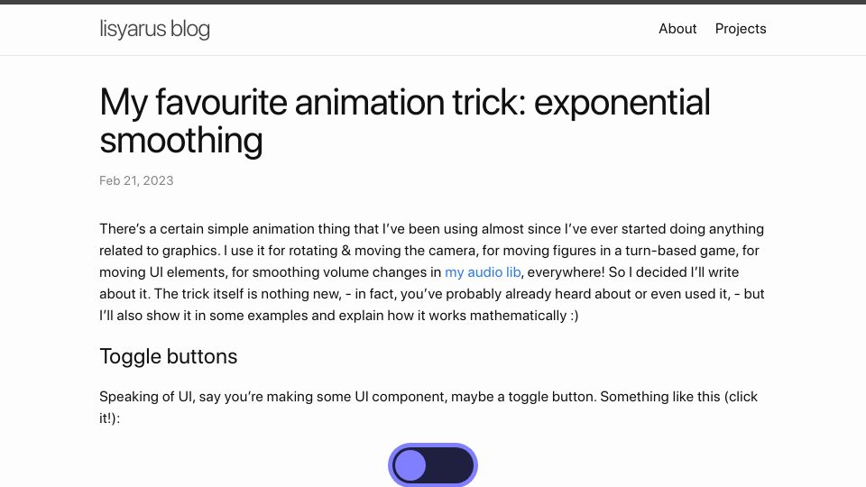 Screenshot of lisyarus.github.io: My favourite animation trick: exponential smoothing (2023)