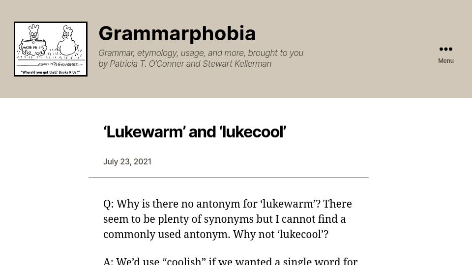 Screenshot of grammarphobia.com: 'Lukewarm' and 'lukecool' (2021)