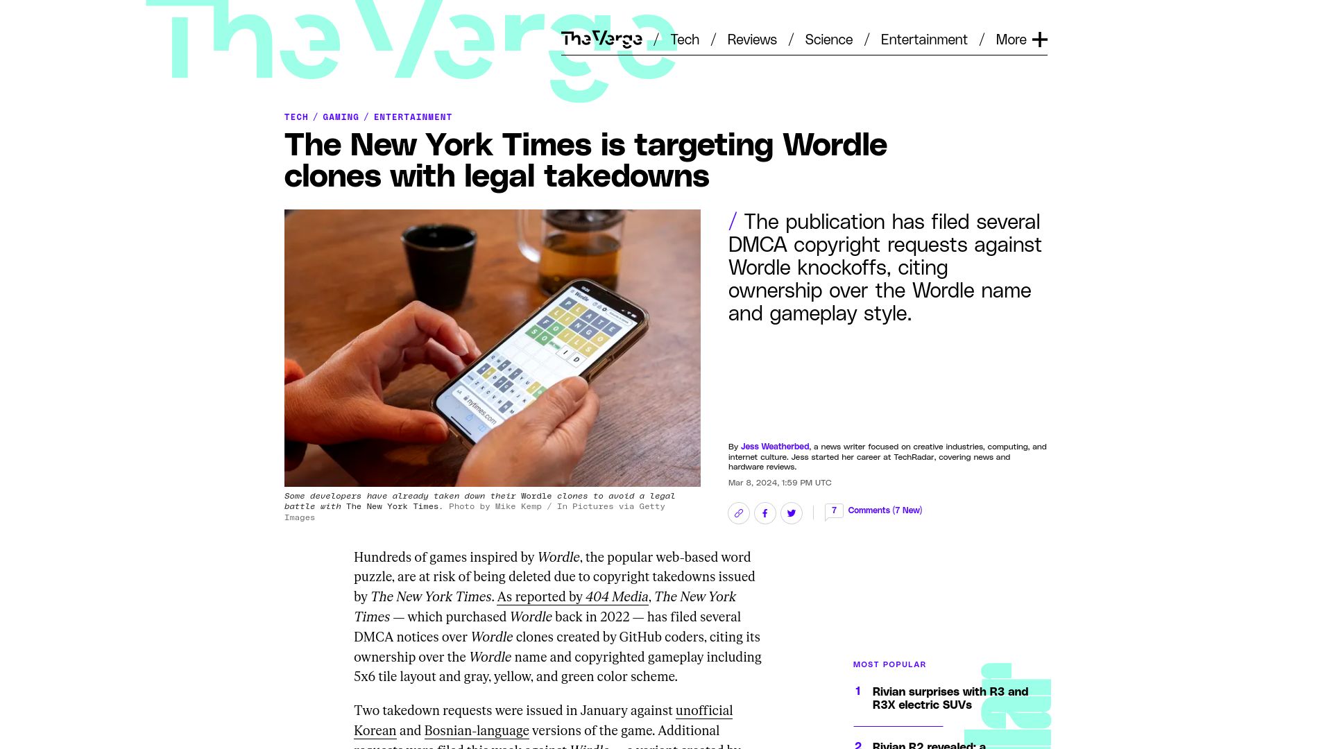 Screenshot of theverge.com: New York Times is targeting Wordle clones with DMCA takedowns