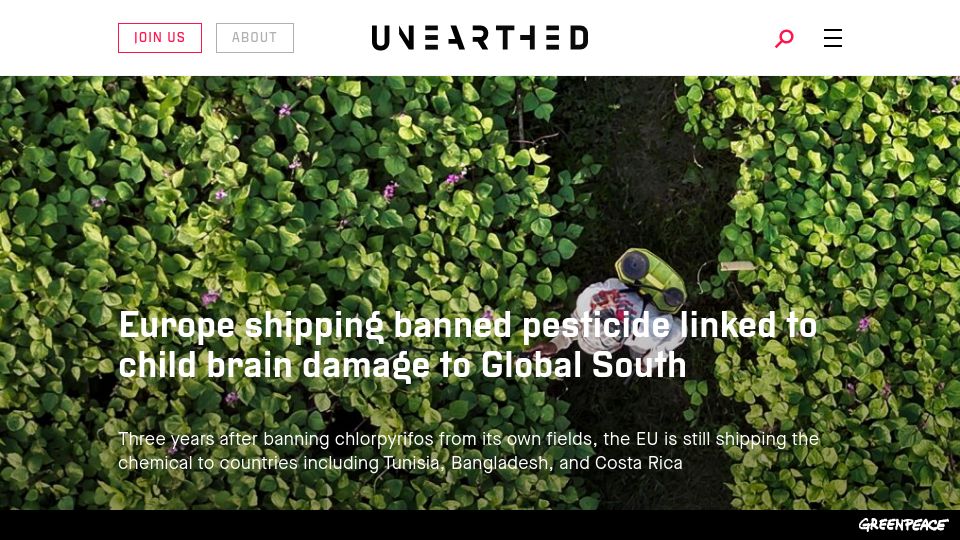 Screenshot of unearthed.greenpeace.org: Companies continue to export chlorpyrifos from the EU to poorer countries