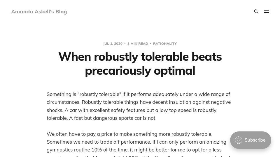 Screenshot of askell.blog: When robustly tolerable beats precariously optimal (2020)