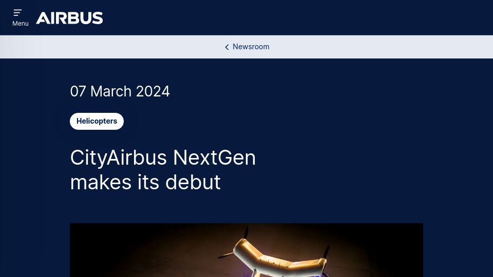 Screenshot of airbus.com: Airbus electric air taxi makes its debut