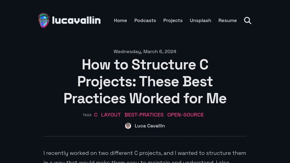 Screenshot of lucavall.in: How to Structure C Projects: These Best Practices Worked for Me