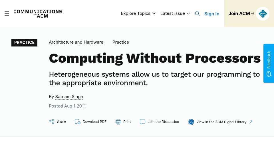 Screenshot of cacm.acm.org: Computing Without Processors (2011)