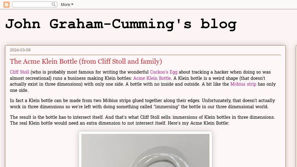 Screenshot of blog.jgc.org: The Acme Klein Bottle (From Cliff Stoll and Family)