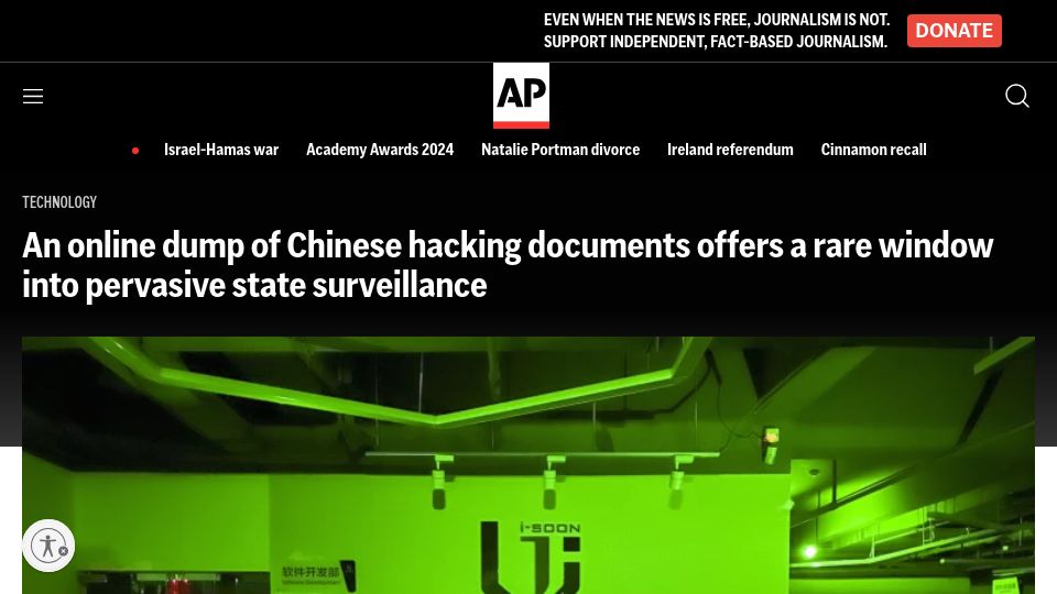 Screenshot of apnews.com: Chinese hacking documents dump offers window into pervasive state surveillance