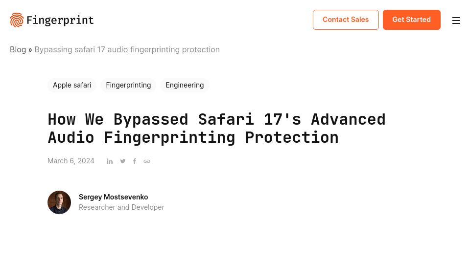 Screenshot of fingerprint.com: Bypassing Safari 17's advanced audio fingerprinting protection