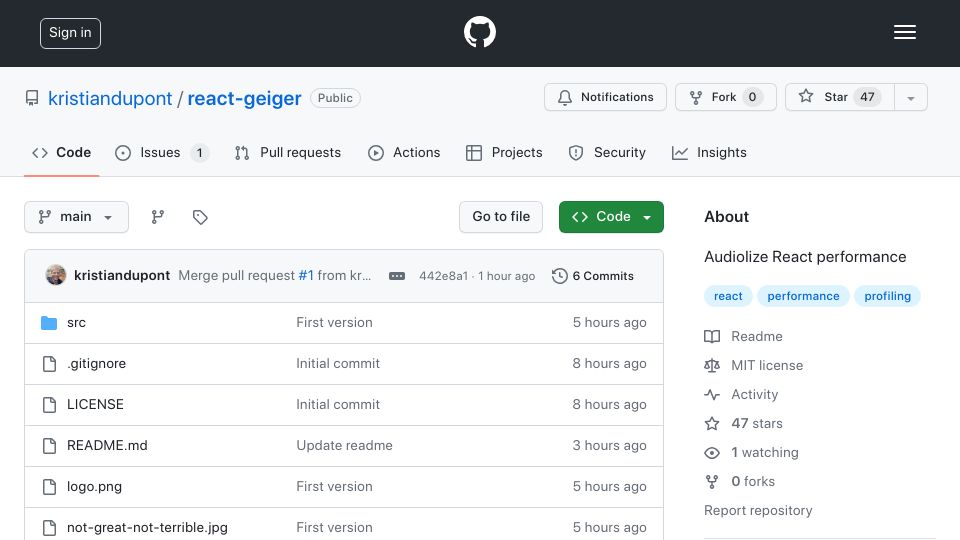 Screenshot of github.com: Show HN: React Geiger – performance profiling using sound