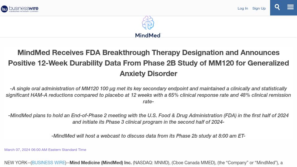 Screenshot of businesswire.com: FDA Designates MM120 (LSD) Breakthrough Therapy for Generalized Anxiety Disorder