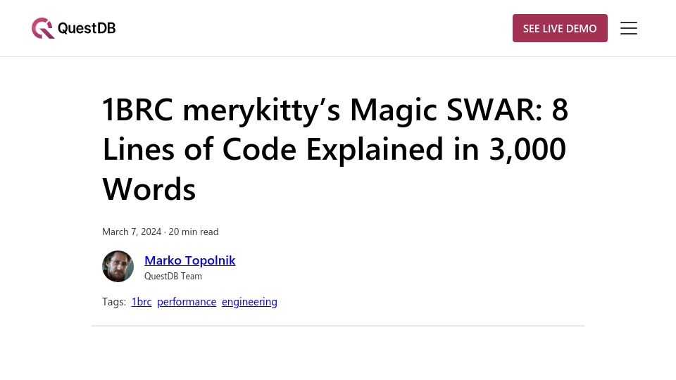 Screenshot of questdb.io: 1brc merykitty's magic SWAR: 8 lines of code explained in 3k words