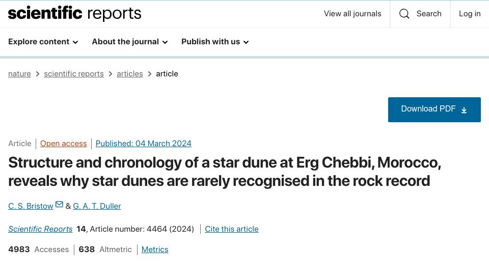 Screenshot of nature.com: Why star dunes are rarely recognised in the rock record
