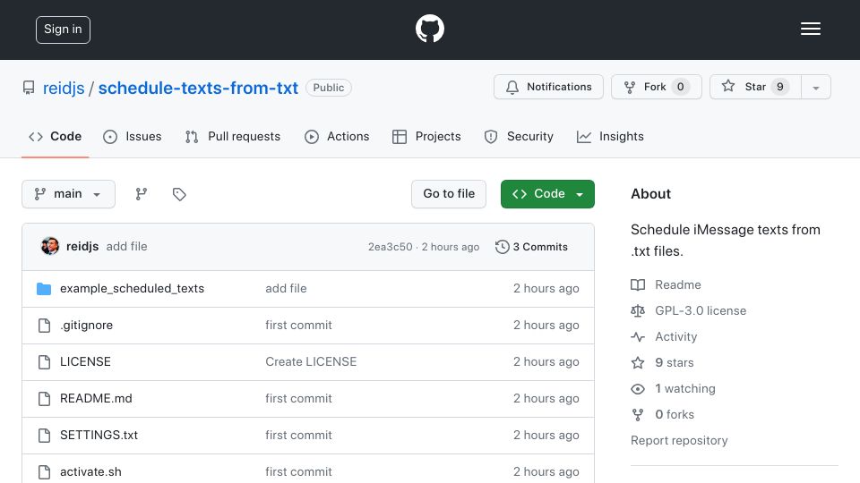 Screenshot of github.com: Show HN: Schedule iMessage Texts from .txt Files