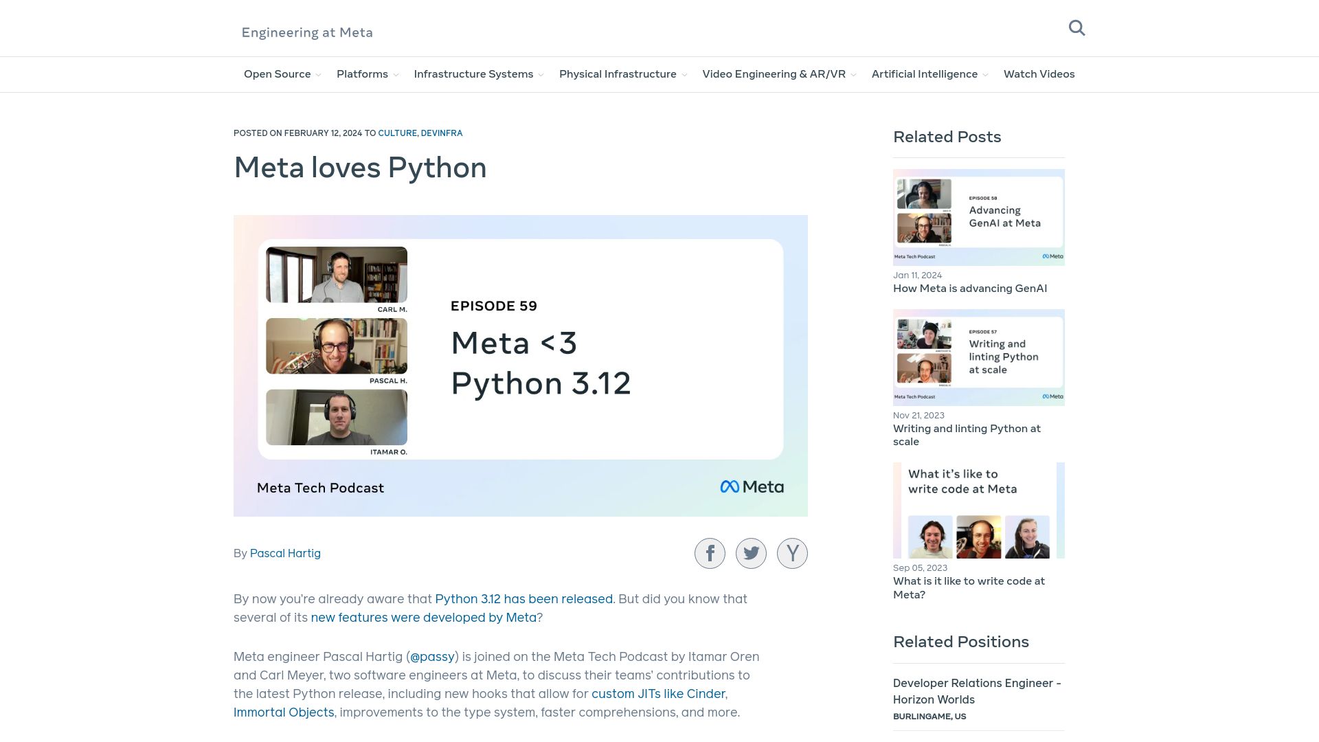 Screenshot of engineering.fb.com: Meta Loves Python