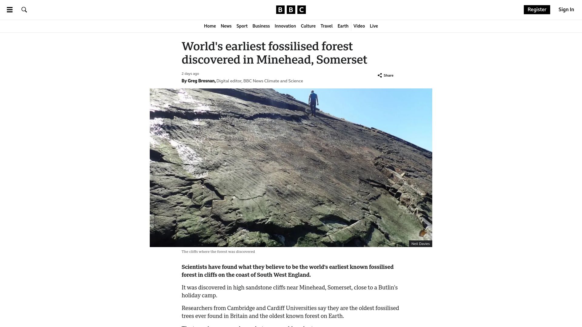 Screenshot of bbc.co.uk: Earliest forest discovered, scientists say
