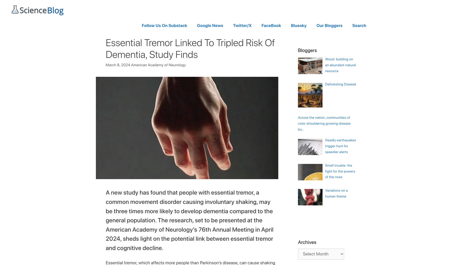 Screenshot of scienceblog.com: Essential tremor linked to tripled risk of dementia, study finds