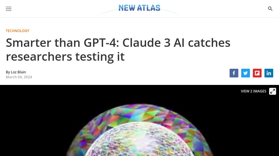 Screenshot of newatlas.com: Claude 3 catches researchers testing it