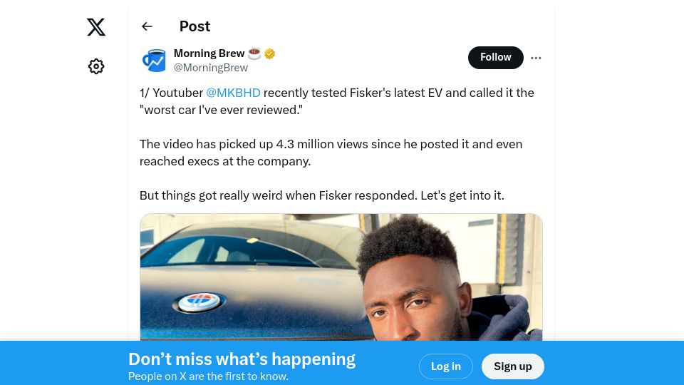 Screenshot of twitter.com: MKBHD, Fisker, and "the worst car ever reviewed"