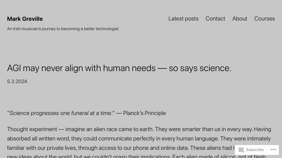 Screenshot of markgreville.ie: AGI may never align with human needs – so says science