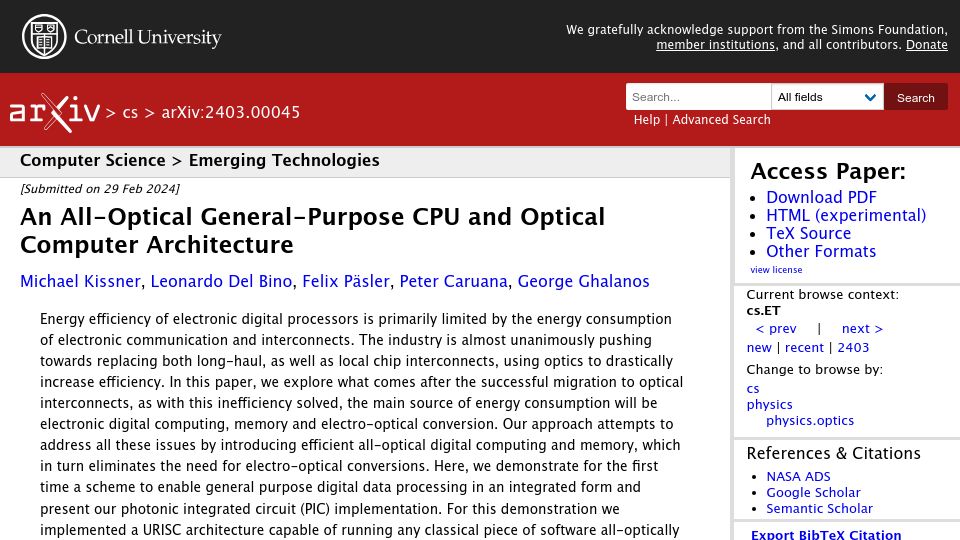 Screenshot of arxiv.org: An all-optical general-purpose CPU and optical computer architecture