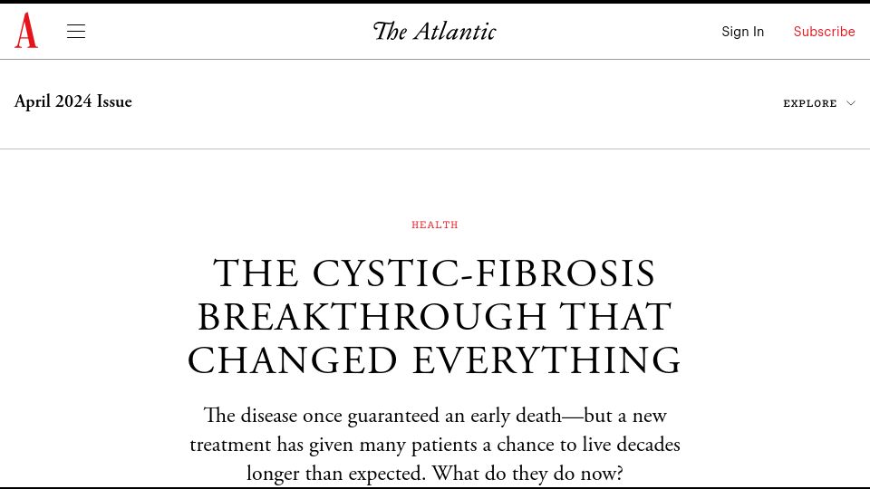 Screenshot of theatlantic.com: Cystic fibrosis breakthrough has given patients a chance to live longer