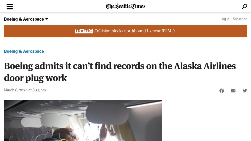 Screenshot of seattletimes.com: Boeing admits it can't find records on the Alaska Airlines door plug work