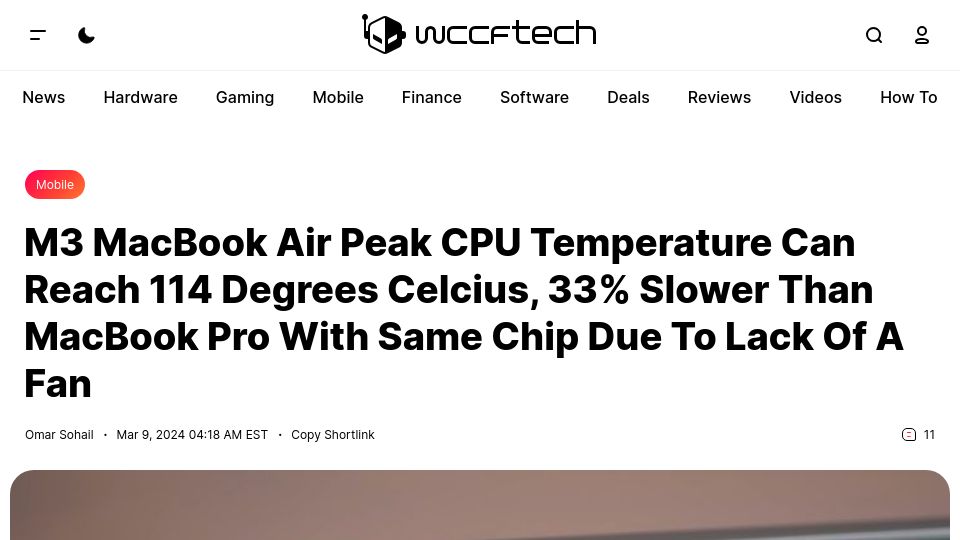 Screenshot of wccftech.com: M3 MacBook Air Peak CPU Temperature Can Reach 114 Degrees Celcius, 33% Slower