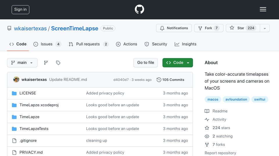 Screenshot of github.com: TimeLapze: Open-source screen recorder