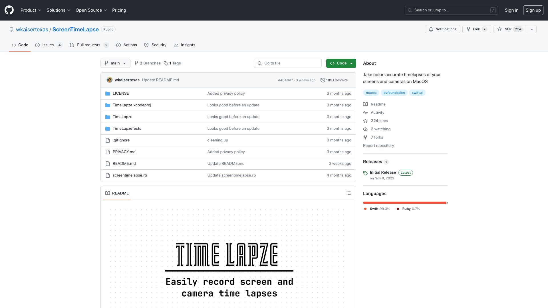 Screenshot of github.com: TimeLapze: Open-source screen recorder