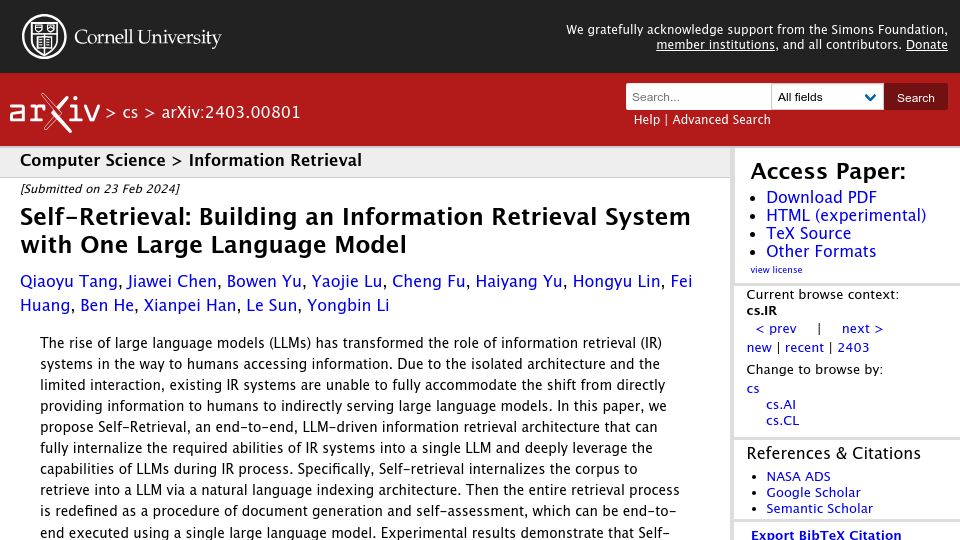 Screenshot of arxiv.org: Self-Retrieval: Building an information retrieval system with one LLM