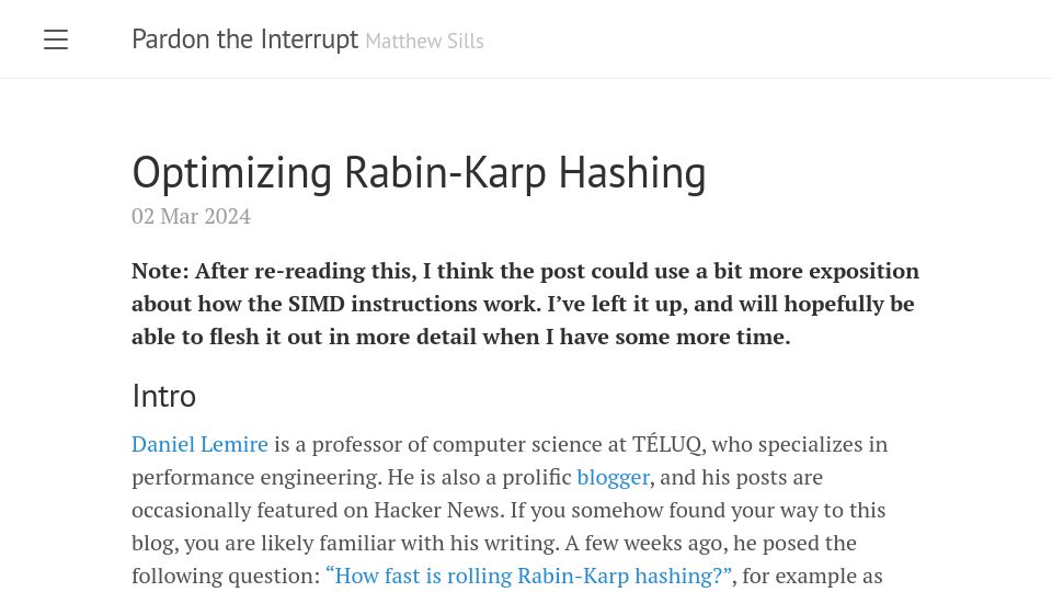 Screenshot of mattsills.github.io: Optimizing Rabin-Karp Hashing