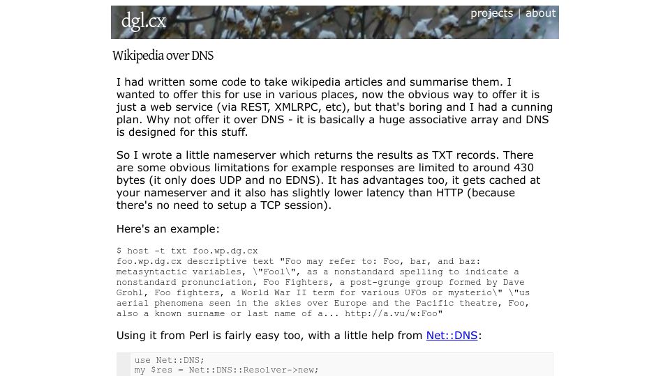 Screenshot of dgl.cx: Wikipedia over DNS (2008)