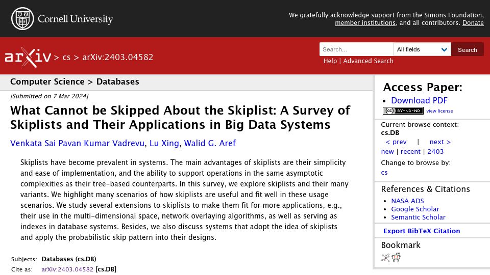 Screenshot of arxiv.org: What Cannot be Skipped About the Skiplist