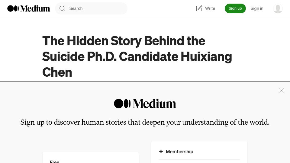 Screenshot of huixiangvoice.medium.com: The Suicide PhD Candidate Huixiang Chen (2019)