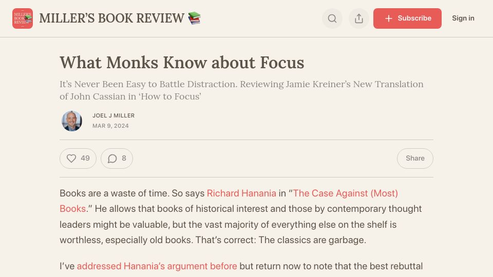 Screenshot of millersbookreview.com: What Monks Know about Focus