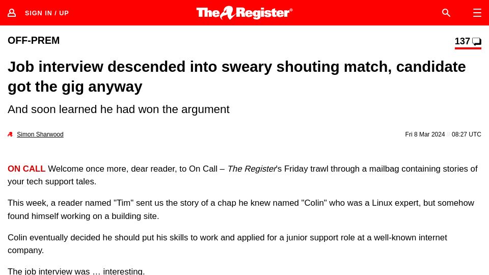 Screenshot of theregister.com: Job interview descended into sweary shouting match, candidate got the gig anyway