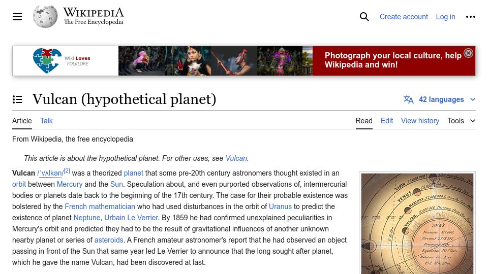 Screenshot of en.wikipedia.org: Planet Vulcan