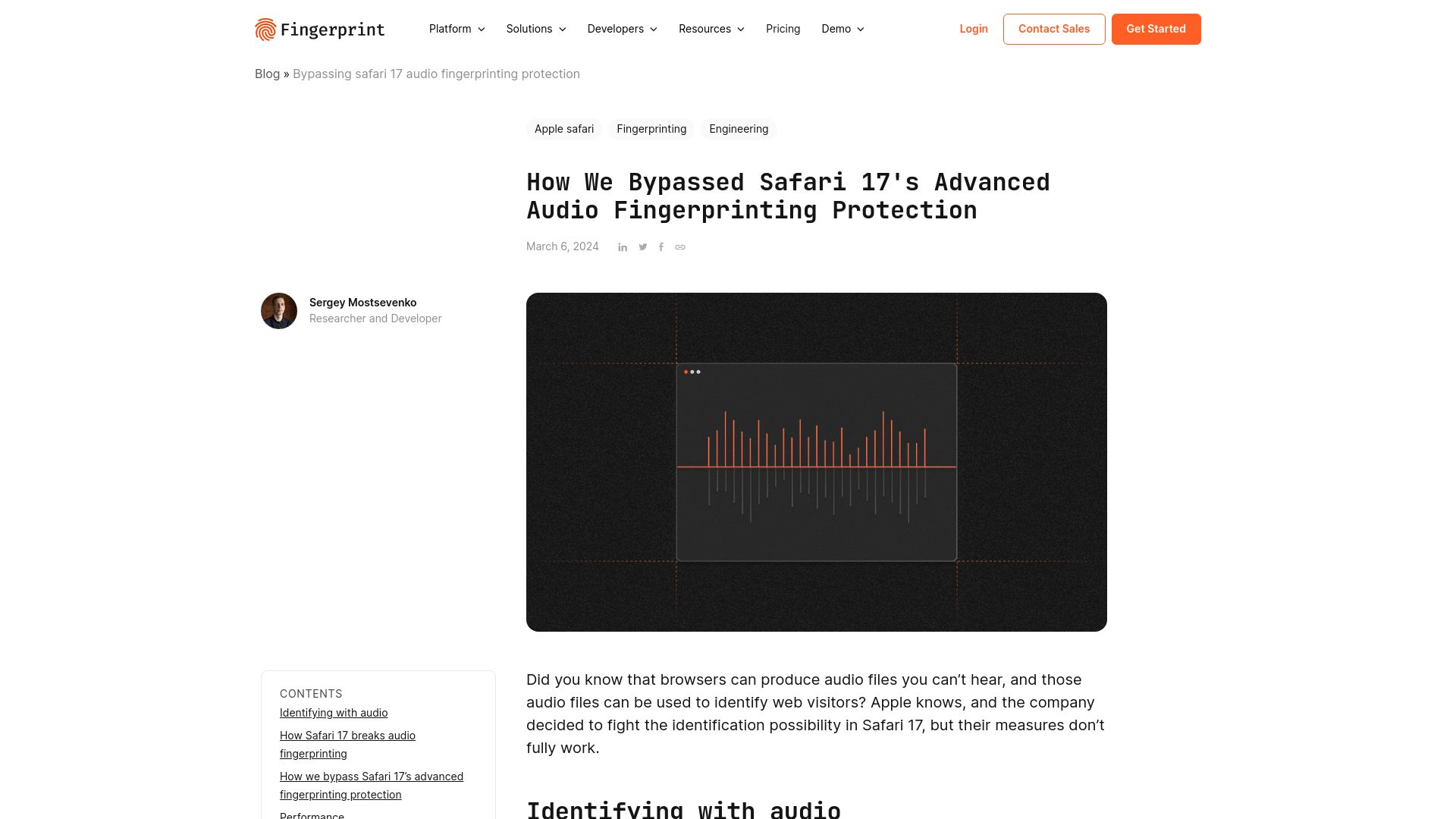 Screenshot of fingerprint.com: Bypassing Safari 17's advanced audio fingerprinting protection