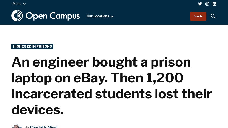 Screenshot of opencampusmedia.org: Engineer bought prison laptop and 1,200 incarcerated folks lost their devices