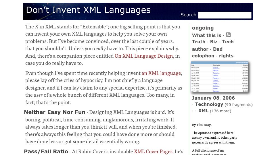 Screenshot of tbray.org: Don't Invent XML Languages (2006)