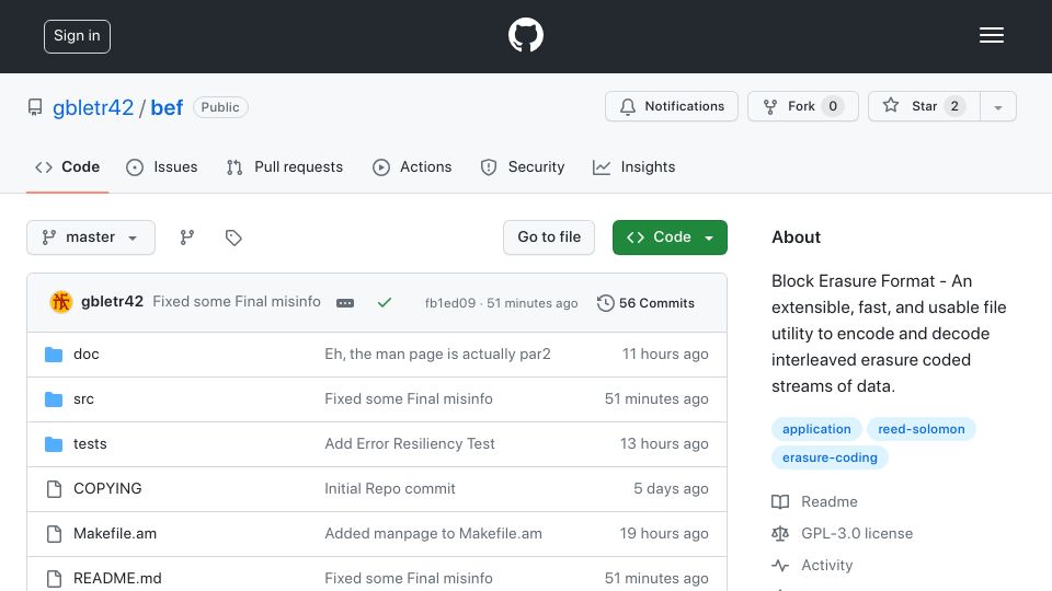 Screenshot of github.com: Show HN: bef – a tool that encodes/decodes interleaved erasure coded streams