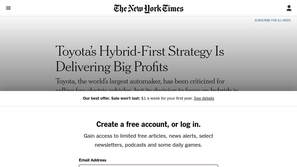 Screenshot of nytimes.com: Toyota's Hybrid-First Strategy Is Delivering Big Profits