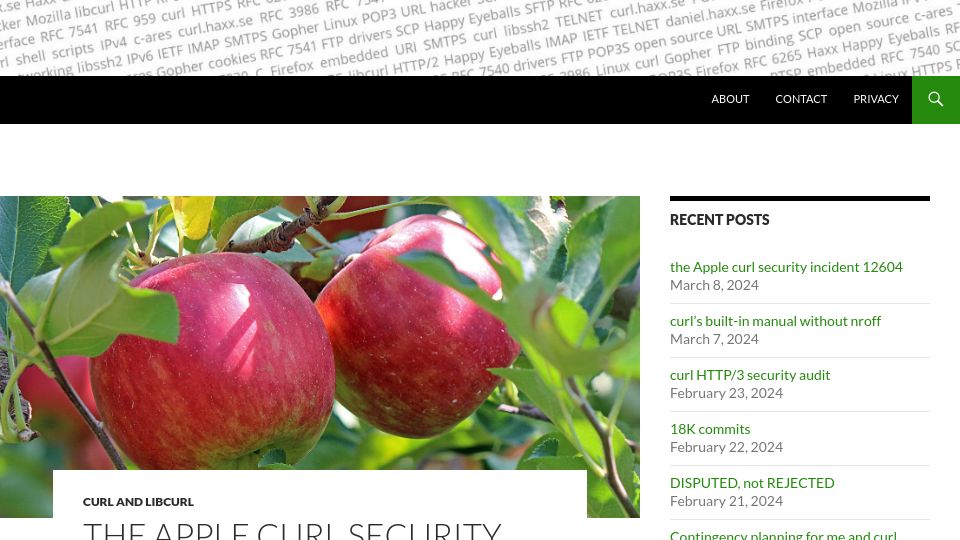 Screenshot of daniel.haxx.se: Apple curl security incident 12604