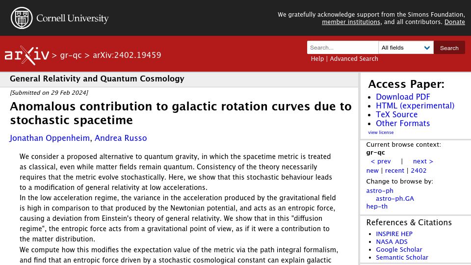 Screenshot of arxiv.org: Anomalous contribution to galactic rotation curves due to stochastic spacetime